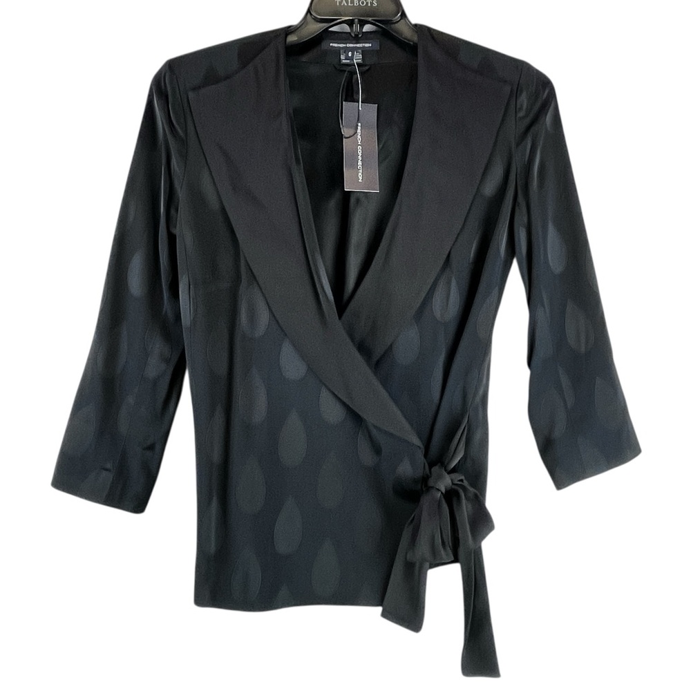 NEW French Connection All That Jazz Wrap Over Jacket Tie Waist Black Sz 6 NWT